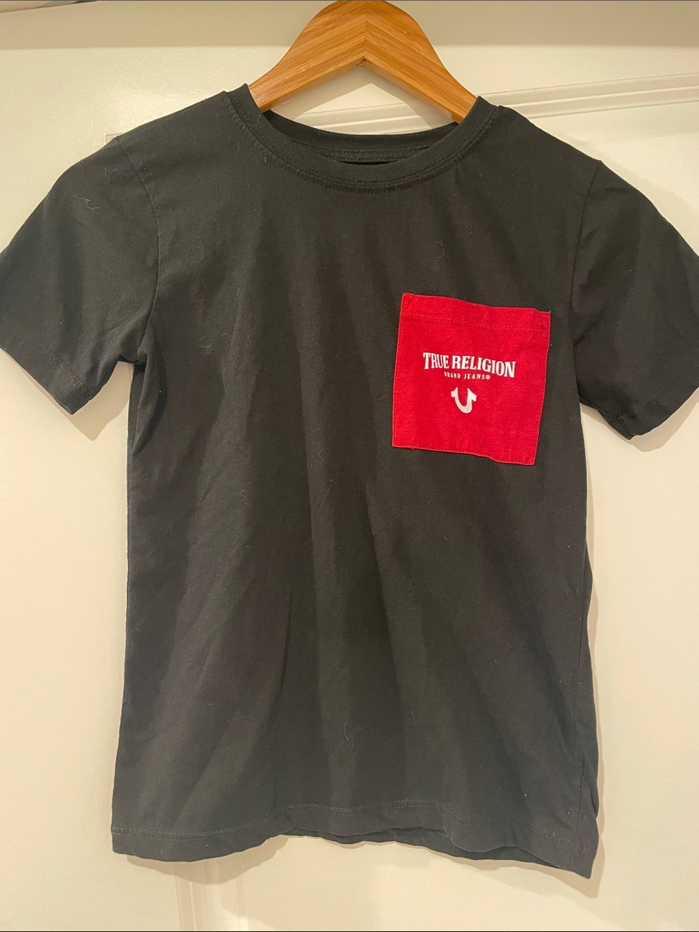 True Religion Kids Black Tee with Red Logo Pocket size small 8